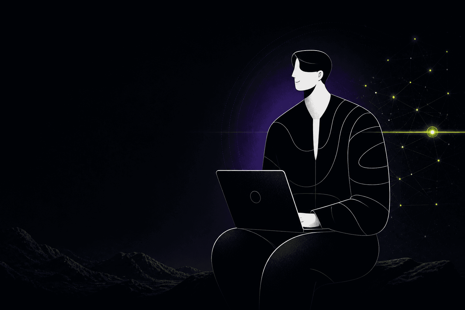 Illustration of a developer working inside a connected digital landscape